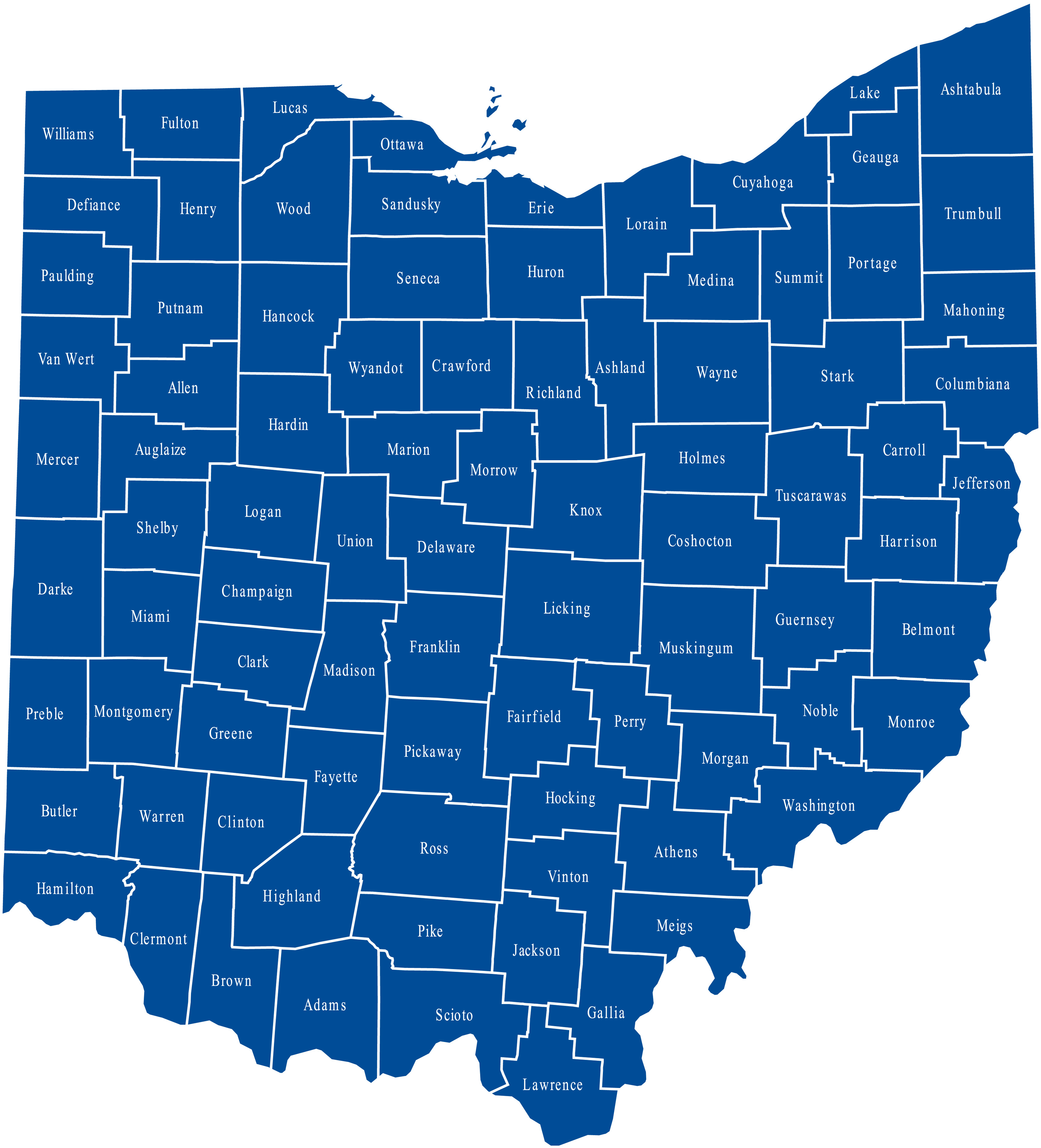 Blue map with Ohio counties outlined to show all the counties Hausen Law LLC Bankruptcy Attorneys service.